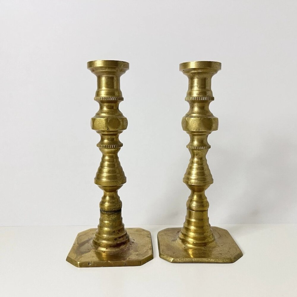 Vintage Mini Solid Brass Candlesticks Pillar Candle Holders Art Deco 2 Pc